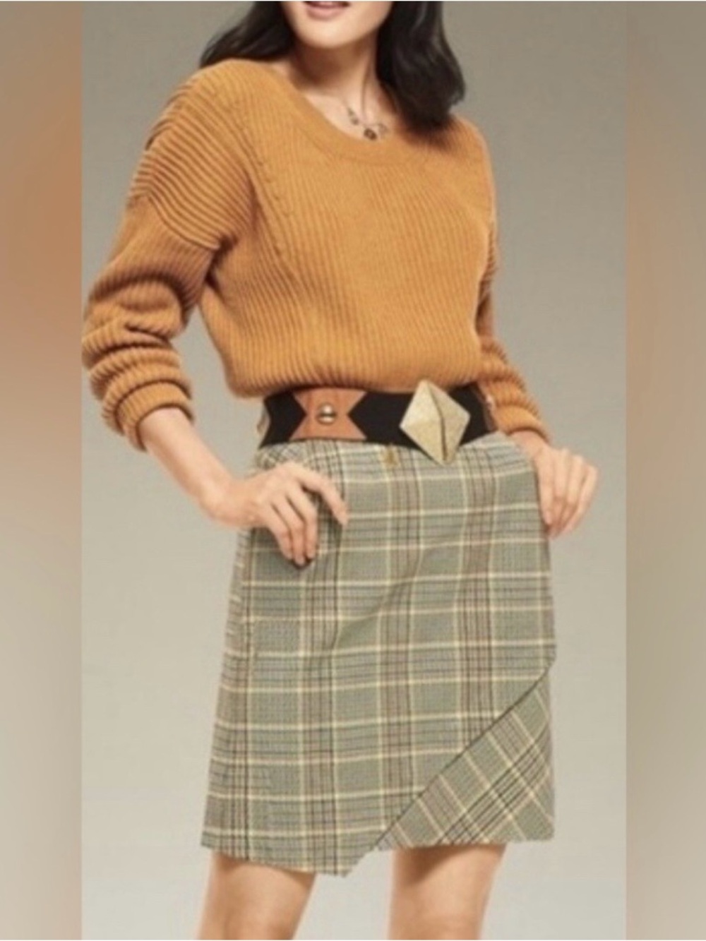 CAbi Past Time - Plaid Midi Skirt in Beige, Black & Cream - Size Medium